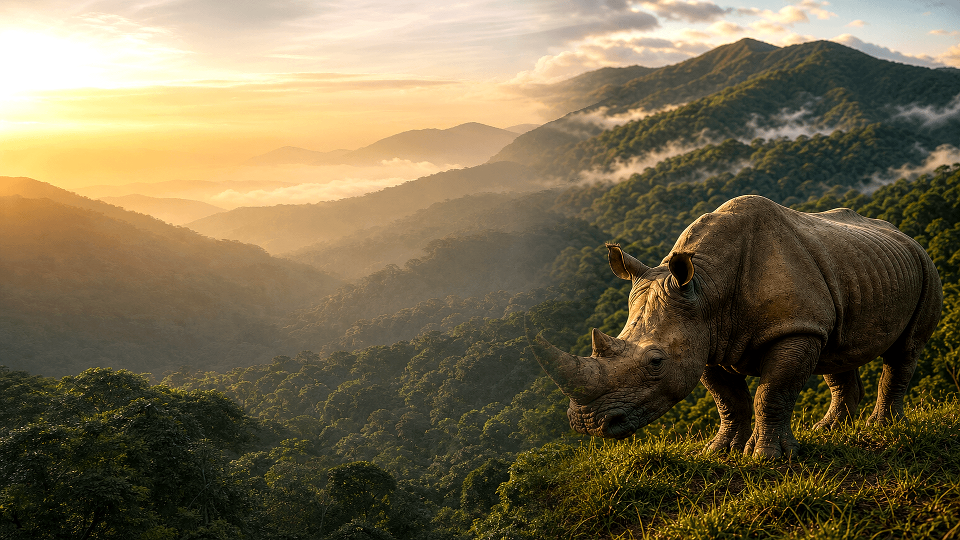 Black rhino on a grassy highland ridge above misted forest valleys